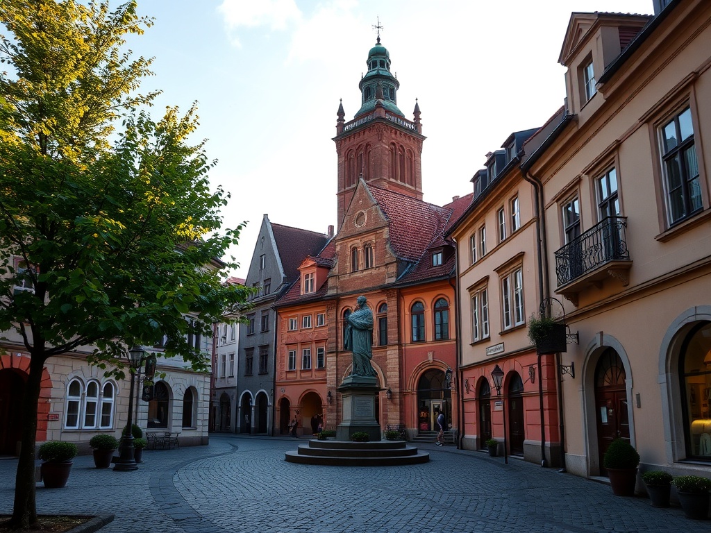 Widok na rynek w Chodzieży z ratuszem i kolorowymi kamieniczkami